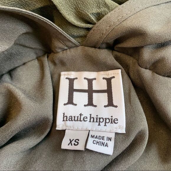 HAUTE Hippie Military green grommets silk dress Sz XS - Picture 5 of 14